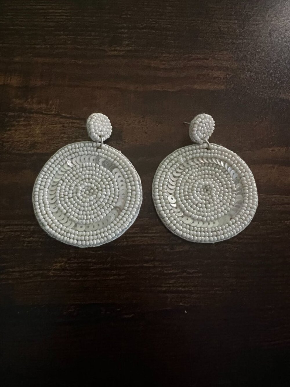 Beaded Round Drop Earrings With White Sequins Womens